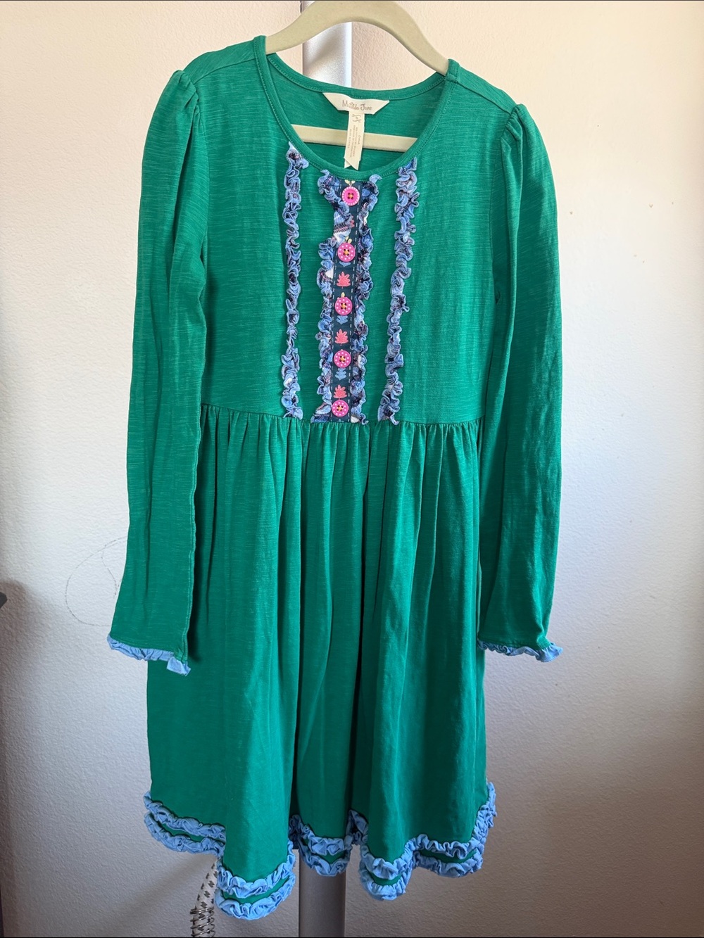 Matilda Jane Emerald Green Long Sleeve Dress with Blue Trim